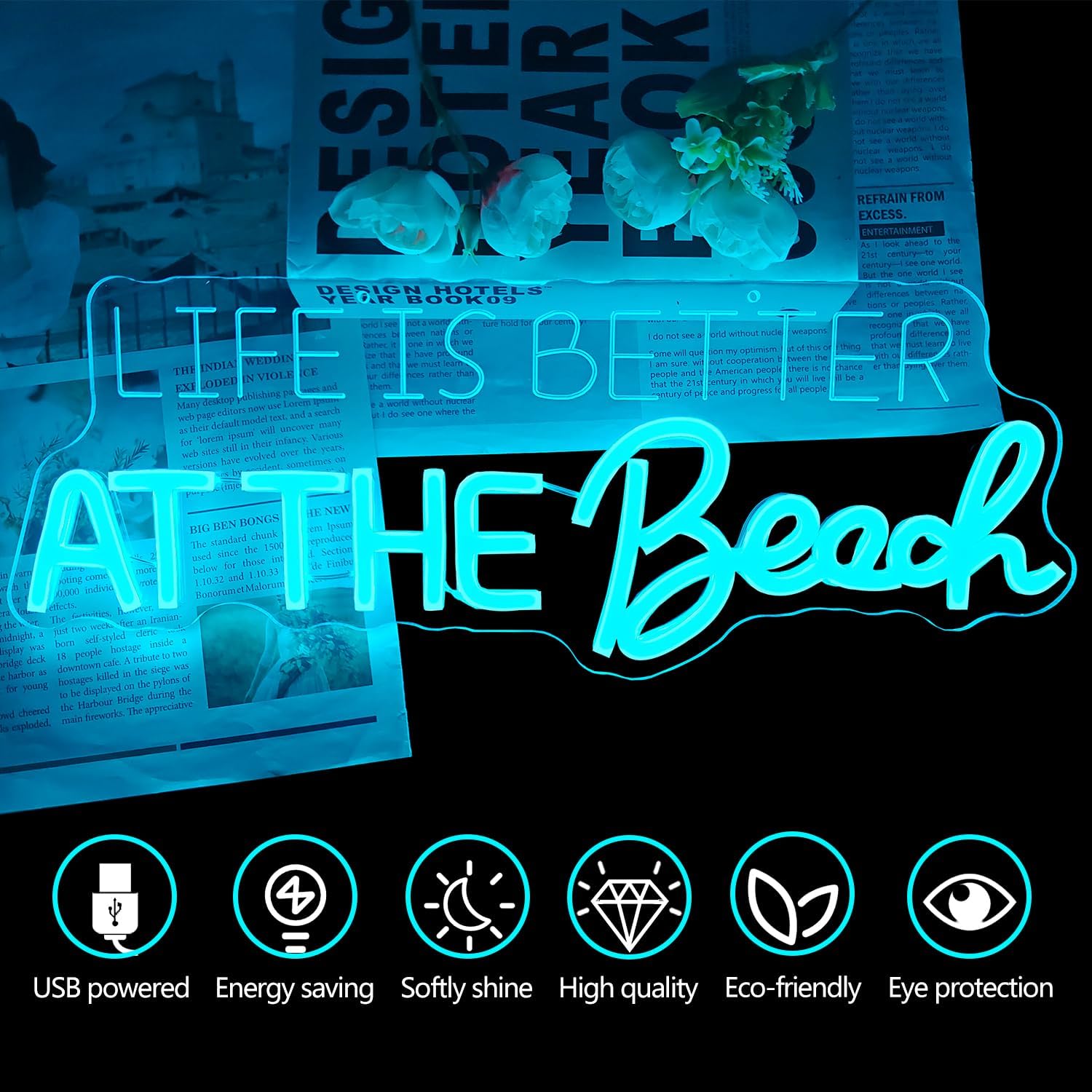 Life Is Better At The Beach Neon Sign for Coastal Wall Decor Beach Decor Led Sign Dimmable Neon Light Up Sign for Home Bathroom Coastal Wall Art Boho Surfer Theme Party Living Room
