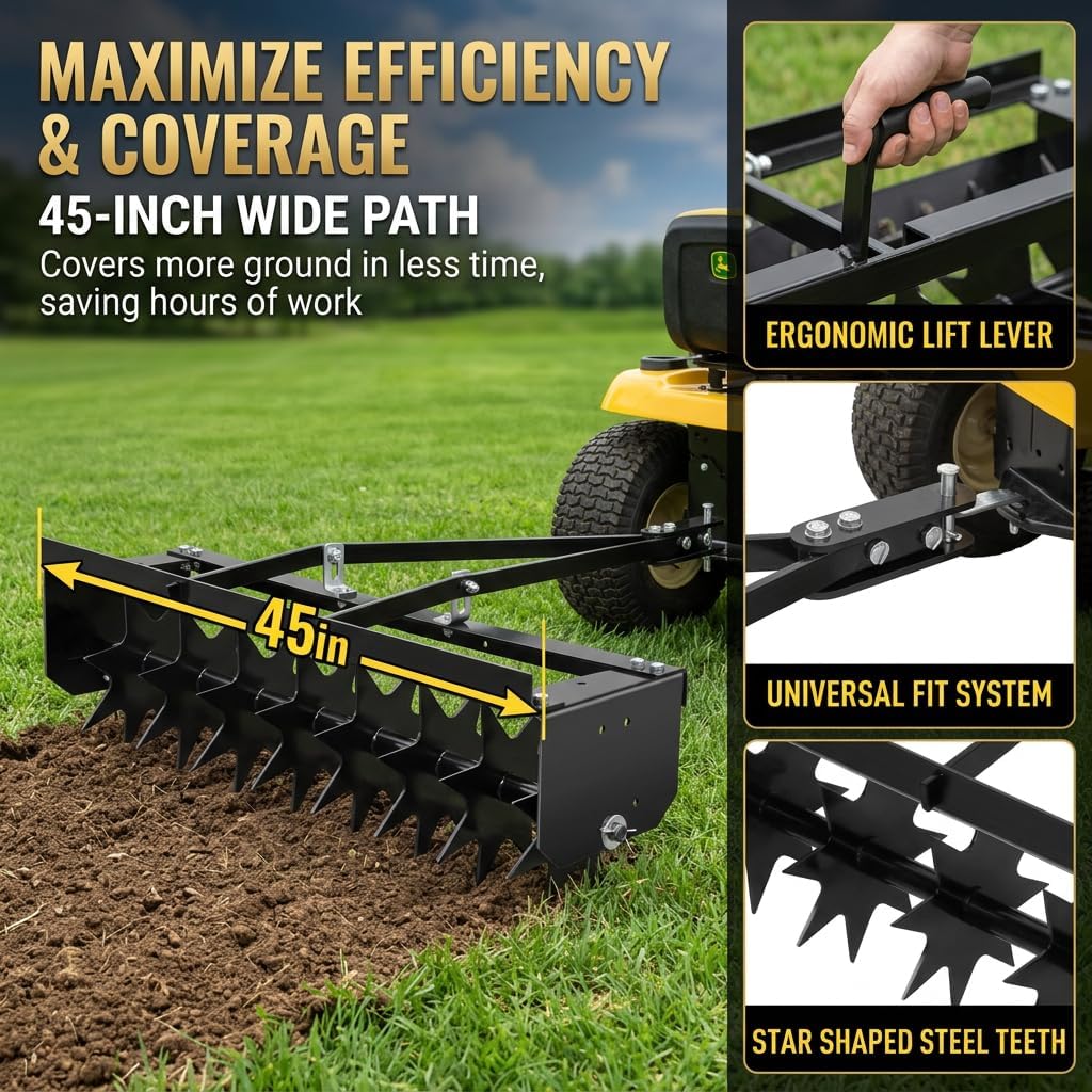 45" Rolling Tow Spike Lawn Aerator, Push Lawn Aerator Tool, Manual Tow Behind Aerator Tool Roller with 8 Spikes for Lawn,Yard Patio & Garden- 500LBS Capacity Aerators