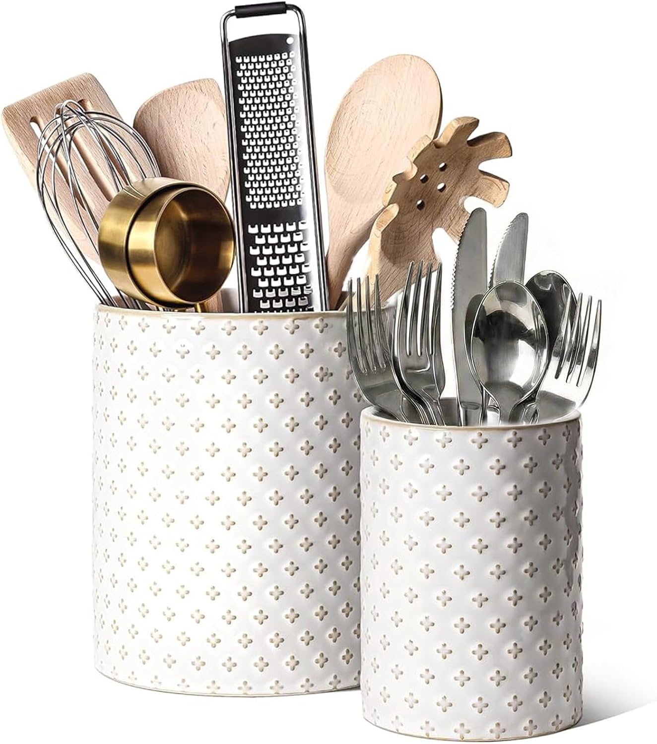 LE TAUCI Utensil Holder for Kitchen Counter - 7.1"+5.4" Ceramic Kitchen Utensil Holder Set of 2, Large Cooking Utensil Crock & Organizer for Spatula, Spoon - Embossed Kitchen Decor, White,Clover