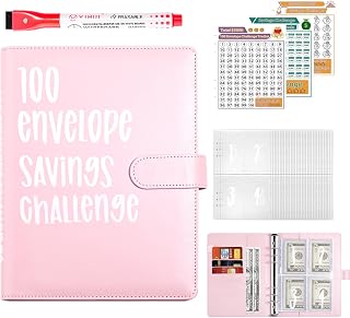 100 Envelopes Saving Challenge Binder, Budget with Cash Envelopes and Saving Tracker, Cash Stuffing Binder from 30 Days to 52 Weeks,to $500,$5,050 and $10,000 (Light Pink)
