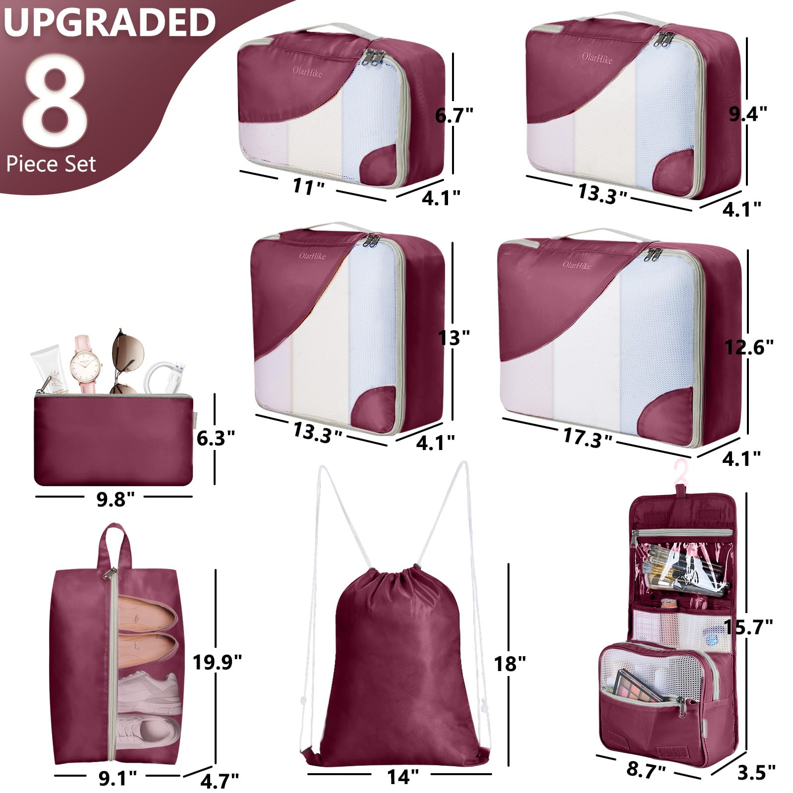 8 Set Packing Cubes for Travel, Gifts for Women Mom,Anti-Tearing Suitcase Organizer for Luggage with Shoe &amp; Hanging Toiletry Bag,OlarHike Vacation Essentials &amp; Accessories for Cruise Ship,Wine