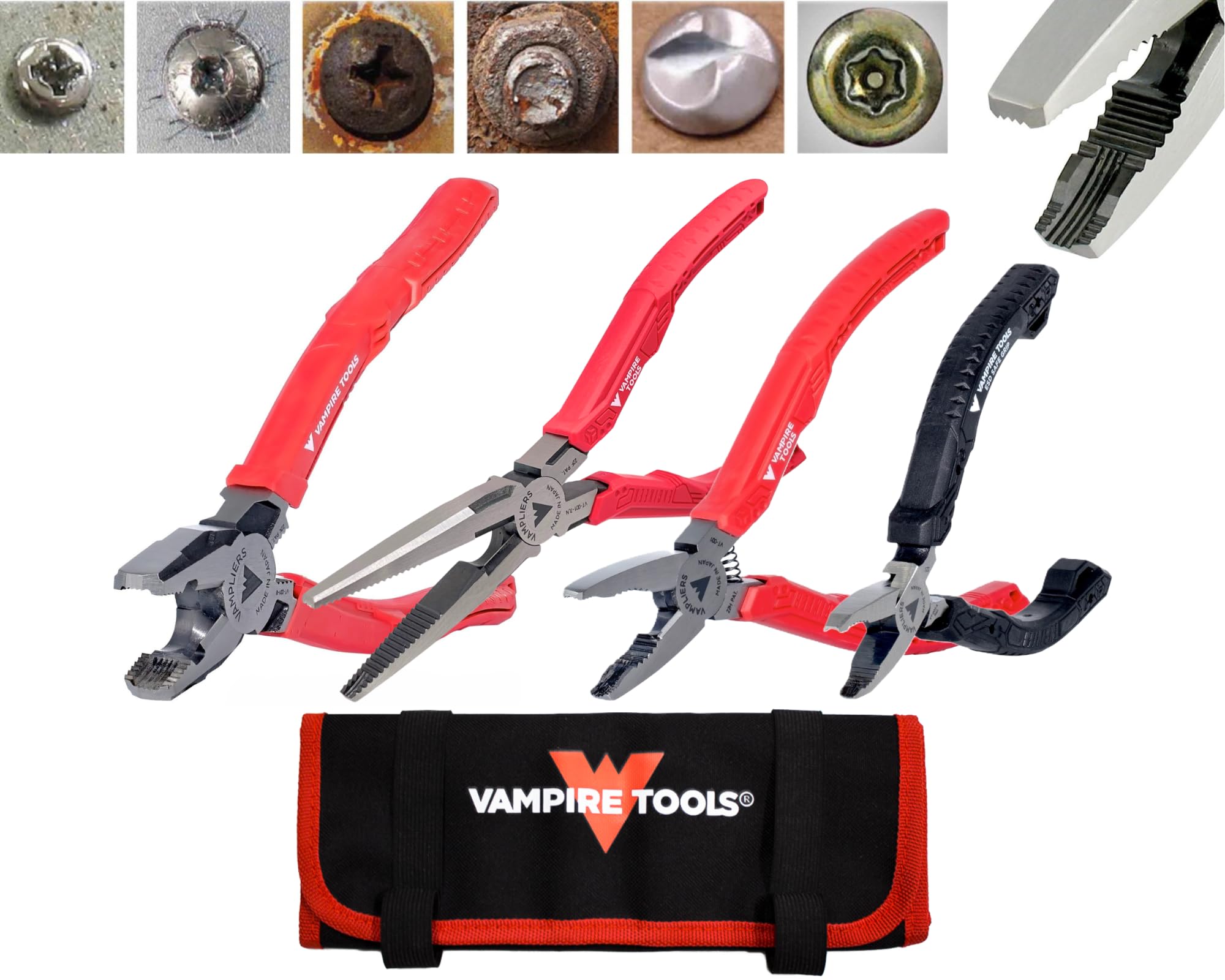 4-Piece Stripped Screw Extractor Pliers Set. Made in Japan. 8" Linesman, 7.5" Long Nose, 6.25" Multi-Purpose & 5" ESD Safe Pliers + Tool Pouch. Remove any Stripped/Damaged/Rusted Screws.