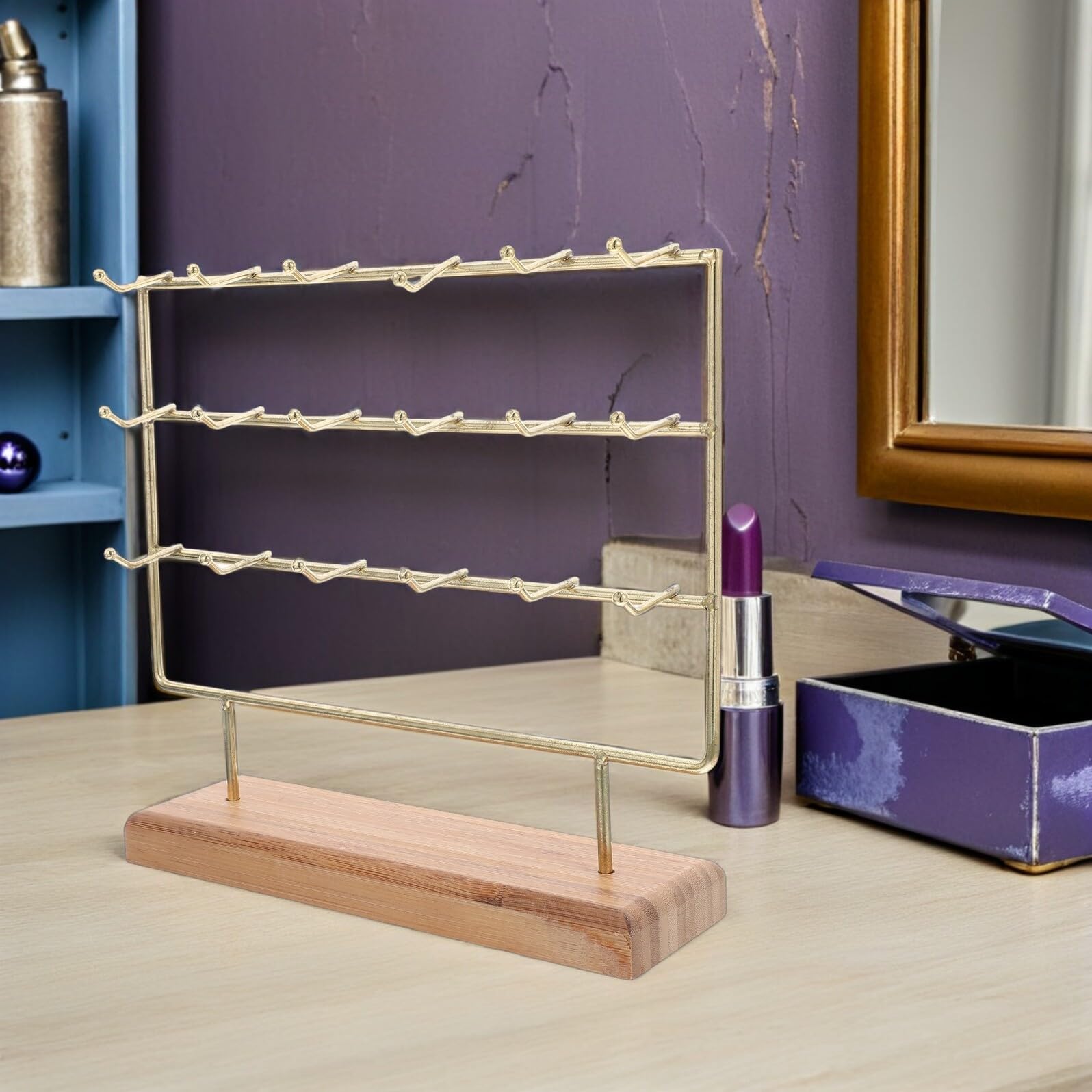 Expositor Pendientes de Hierro con Base de Madera Soporte Joyería con Ganchos Organizador Resistente para Pulseras Collares y Aretes para Vendedores y Uso Eventos