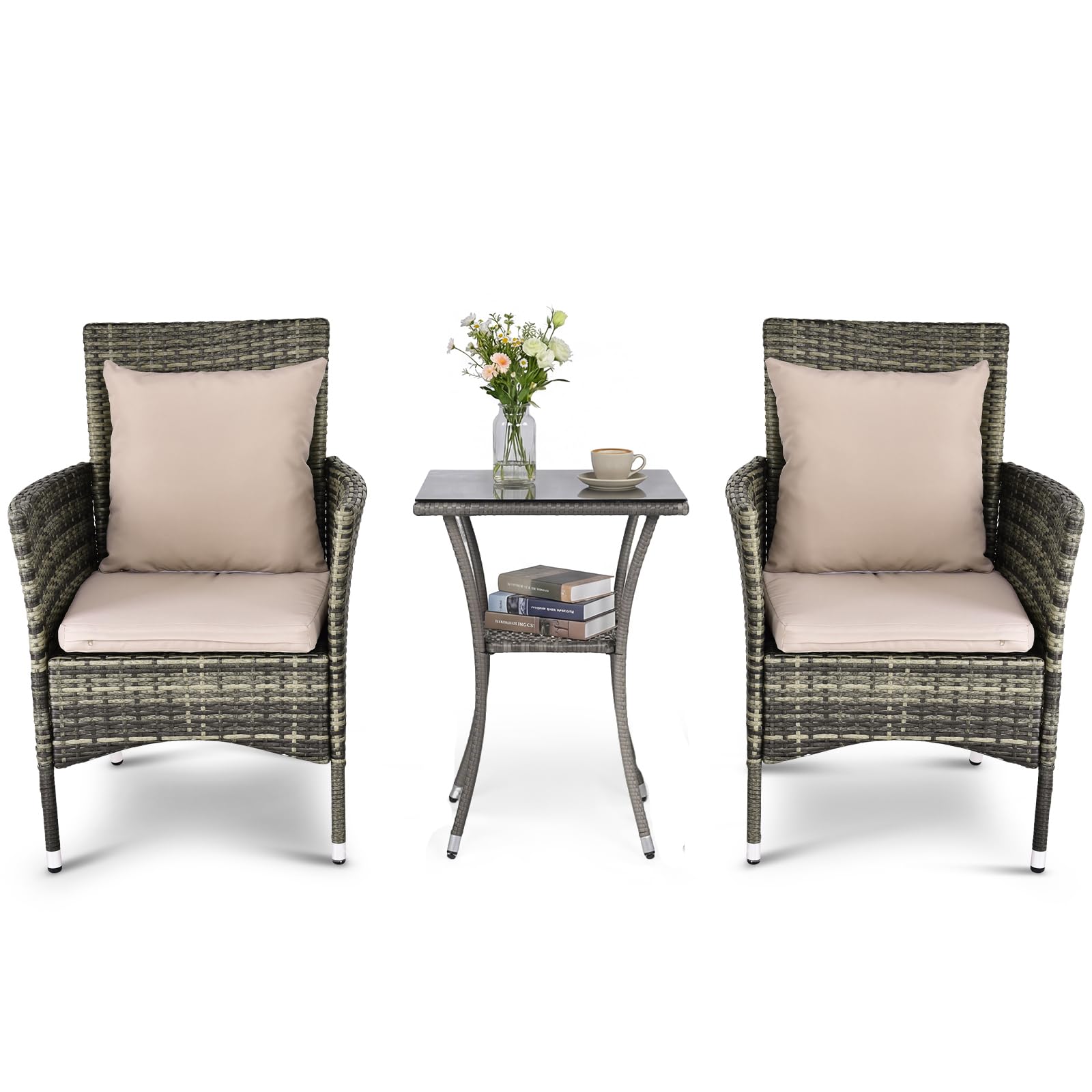 KOMFOTTEU Set Mobili da Giardino in Rattan con Tavolino in Vetro Temperato | 2 Poltrone con Cuscino Portata 180kg, ideali per completare il tuo set da giardino in rattan