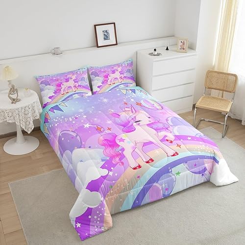 Miniatura 5 de Feelyou Juego de ropa de cama de unicornio para niñas, tamaño King, kawaii, lindo juego de edredón de unicornio arcoíris, reversible, con estrellas