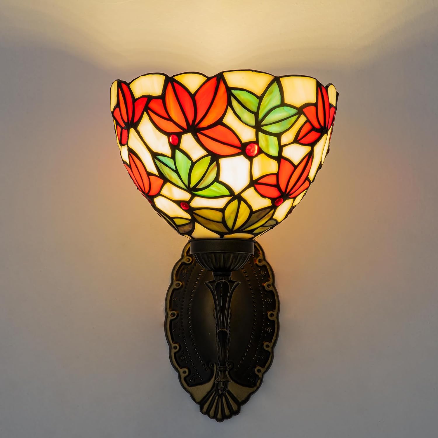 Tiffany Stained Glass Wall Sconce Lamp 8" Maple Leaf Floral Shade Decoration Wall Mount Light for Living Hallway Corridor Stairs Housewarming Gift (White Maple Leaf)