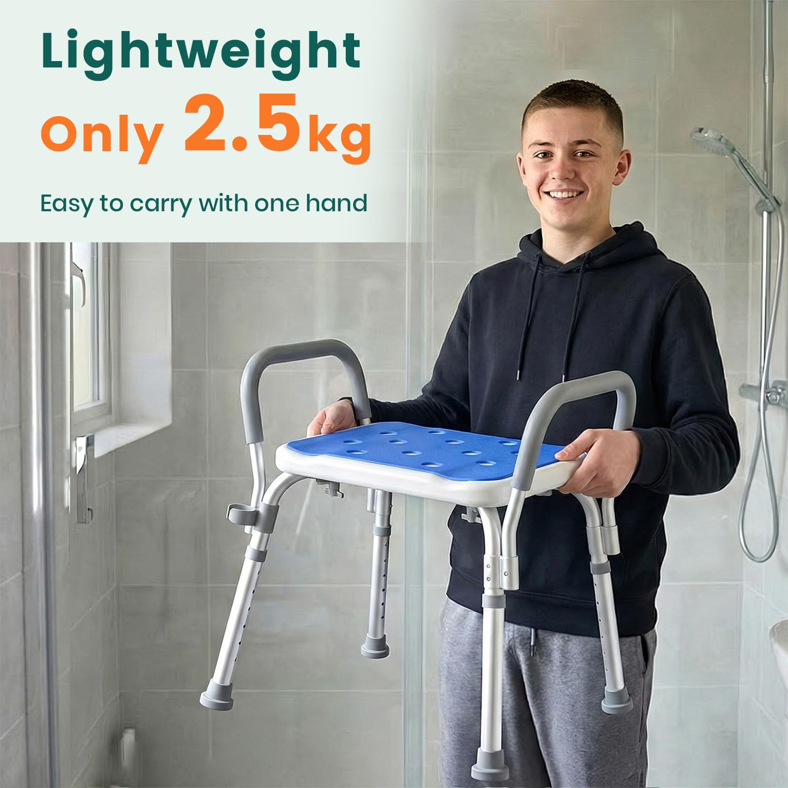 LC12 Sedia da Doccia con Schienale – Altezza Regolabile a 6 Livelli (55–68 cm), Seduta Antiscivolo con Schienale Imbottito, Sgabello Doccia per Anziani, Disabili e Donne in Gravidanza
