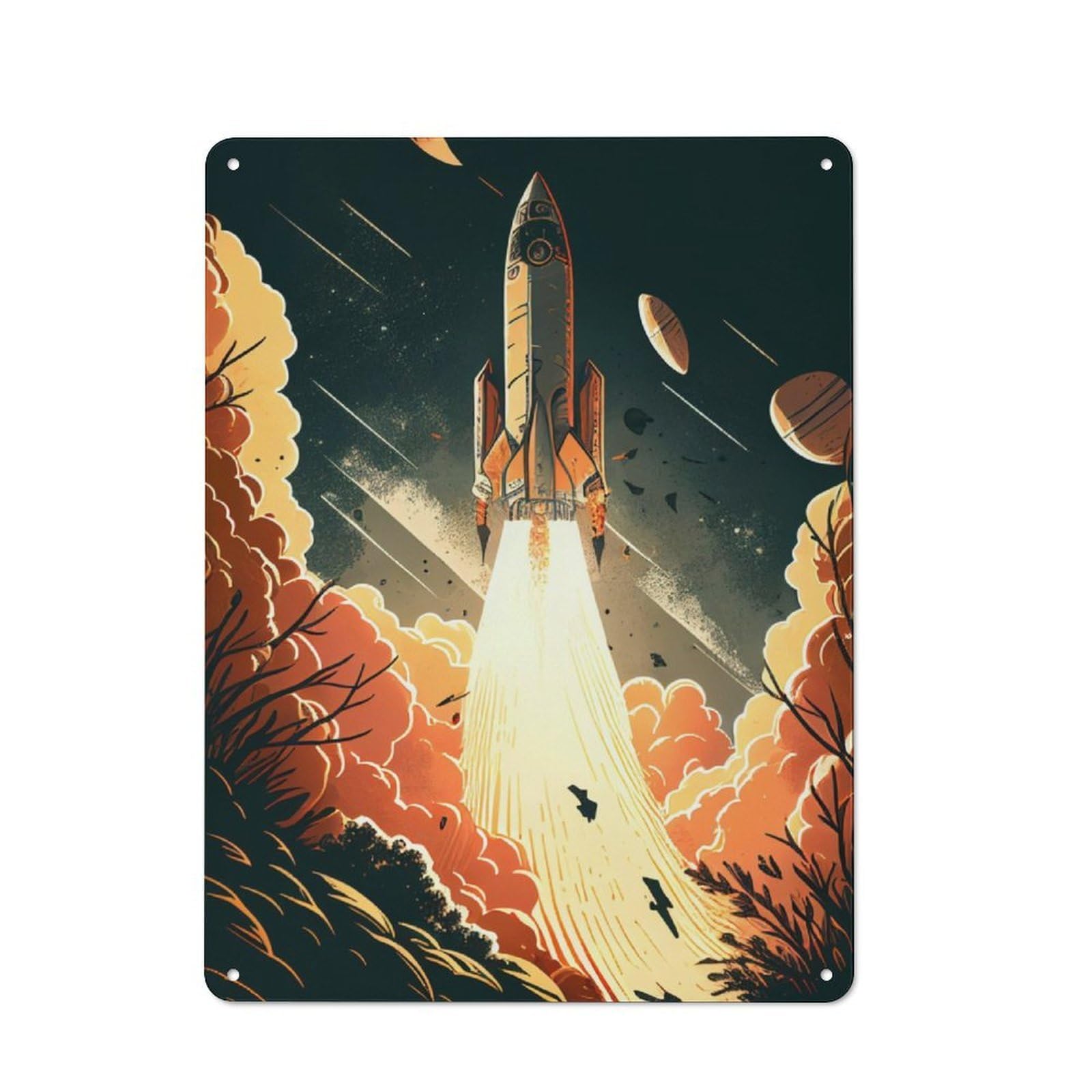 Junmoney Rocket Blastoff Rustic Metal Plaque 40X30cm For Guest Room Or Hallway, For Home Interiors, Feature Walls And Decorative Displays
