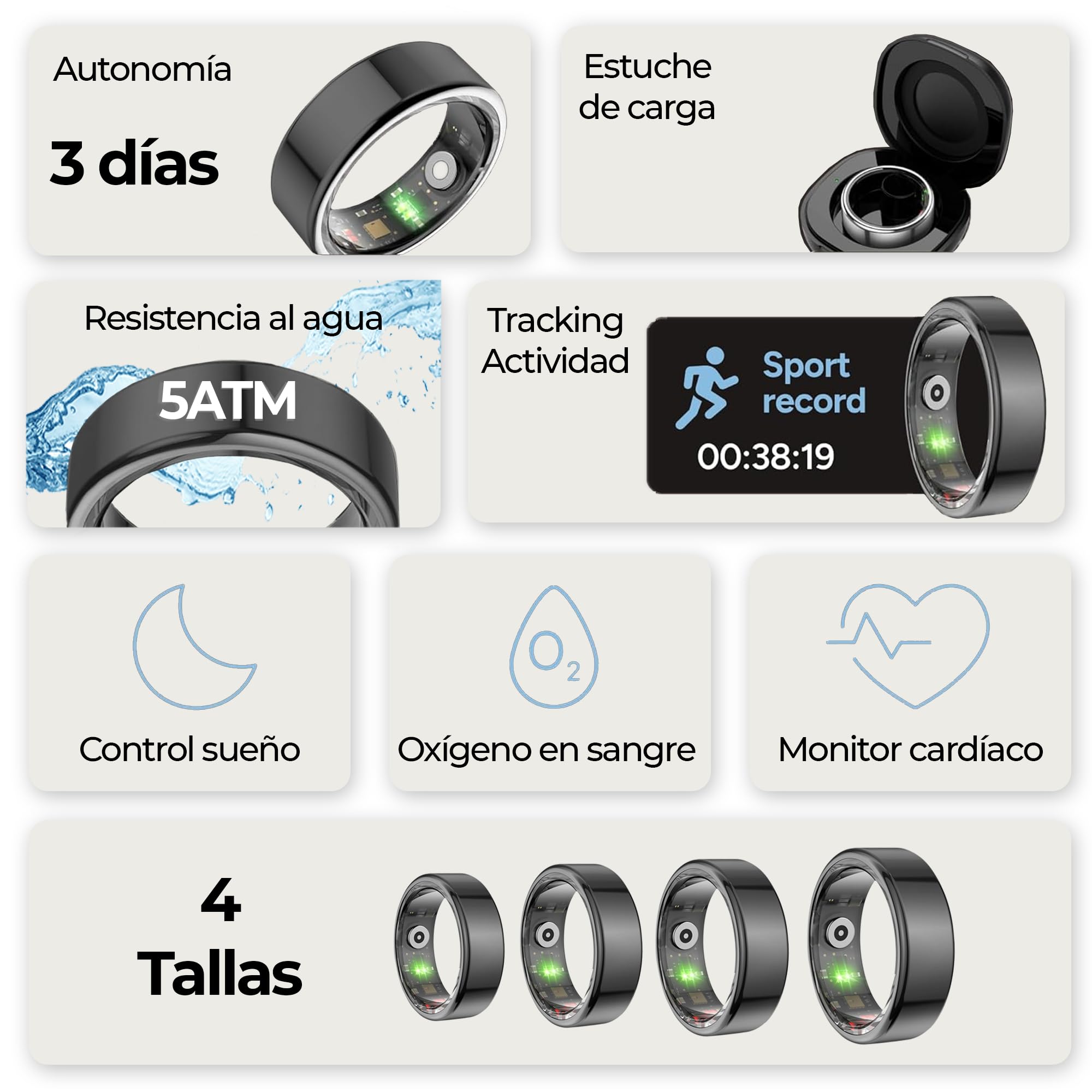 Icoveri Anillo Inteligente 2026 para Hombre y Mujer - Smart Ring con Monitor de Sueño, Pulsómetro y SpO2 - Rastreador de Actividad Física y Salud IP68, Compatible con iOS y Android (Negro, Talla S T9)