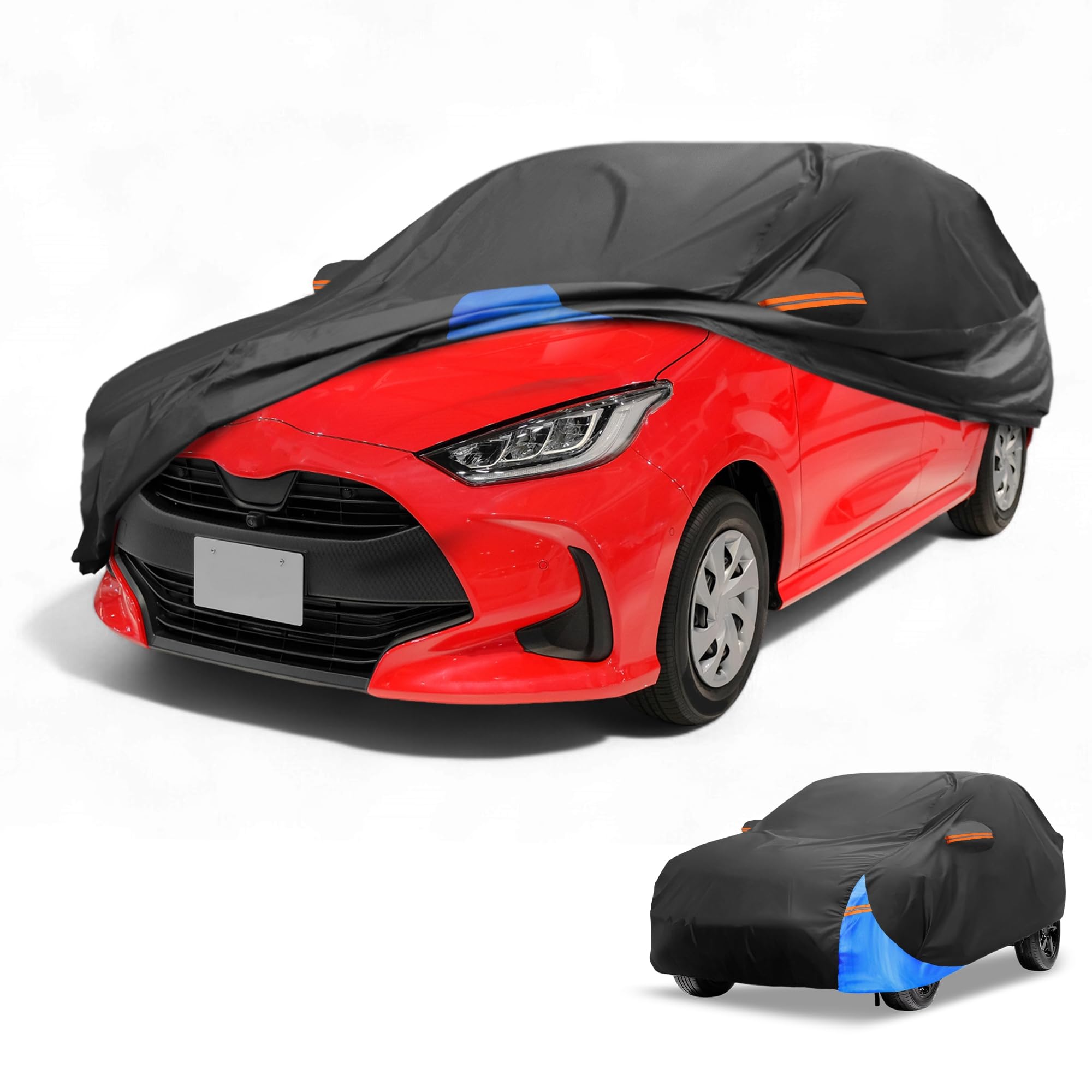 Wodoodporny pokrowiec samochodowy na każdą pogodę - odporny na promieniowanie UV zewnętrzny pełna ochrona zewnętrzna do Toyota Yaris 210D-PU czarny niebieski z zamkiem błyskawicznym po prawej stronie