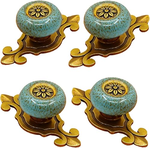 Tverghvad Pomos de cerámica para gabinete, 4 unidades Perillas vintage elegantes para cajones de aparador con placa trasera, pomos decorativos para