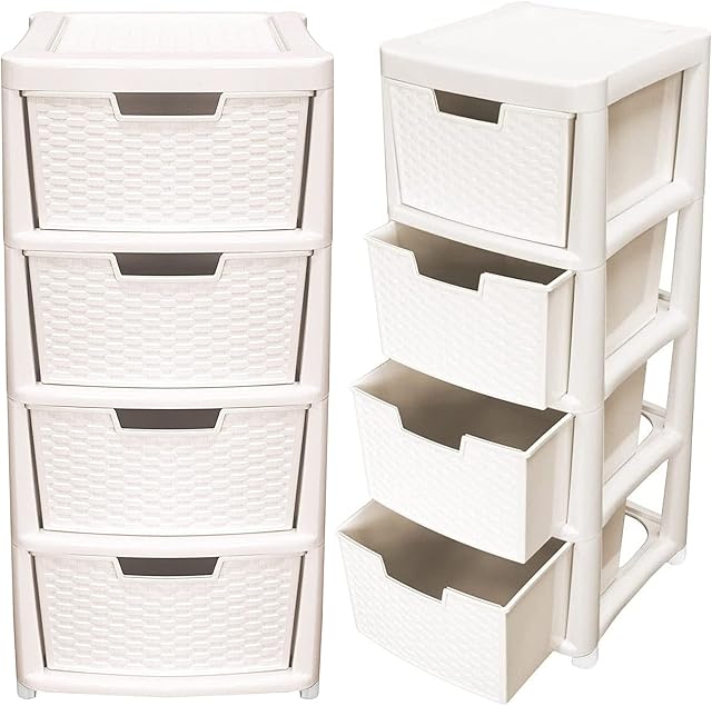 Rattan Cream Large 4 Drawer Plastic Modular Storage Tower Perfect for Home, Schools, Offices and Children's Toys Storage Solution (1)