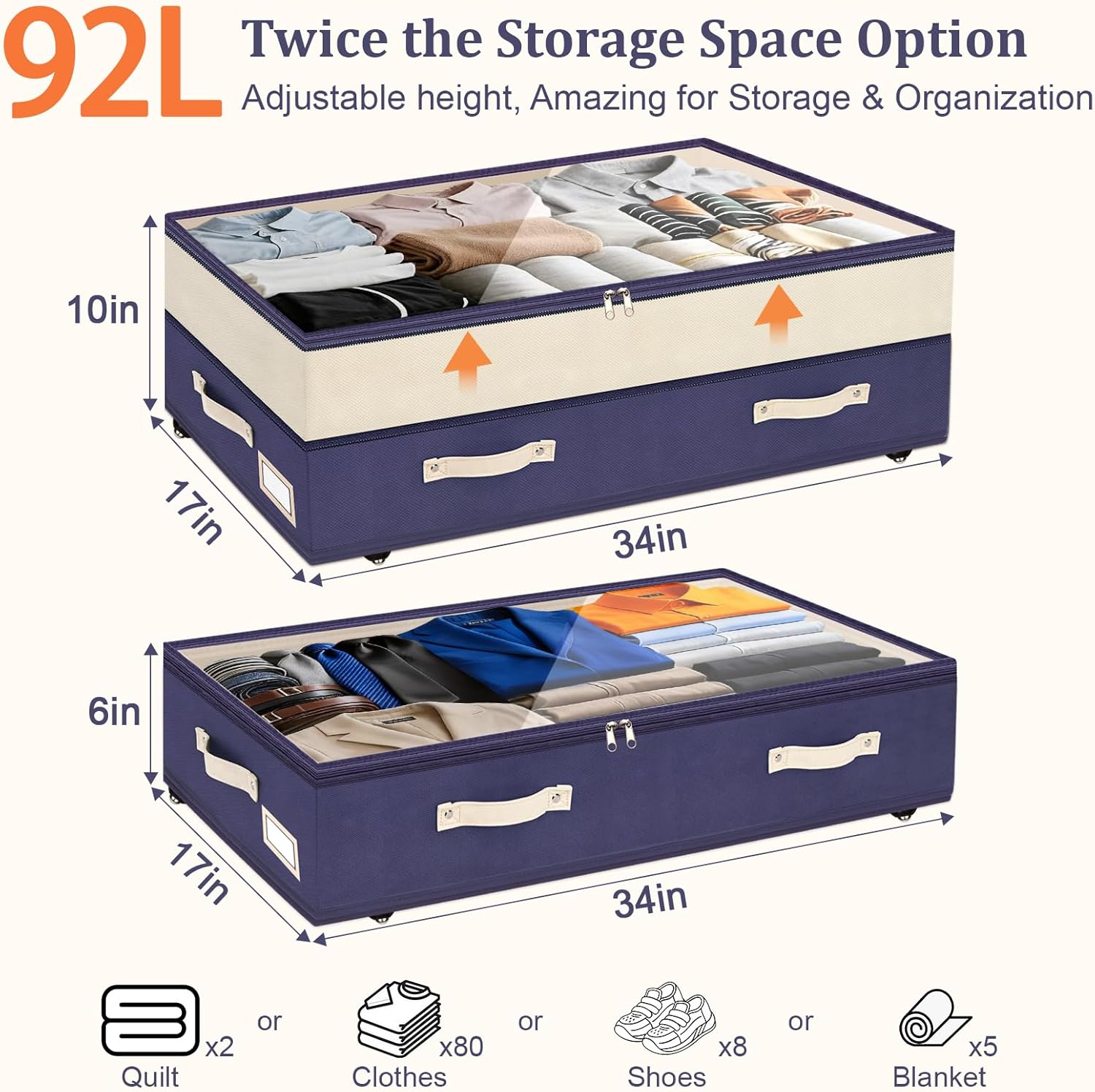 Dolicer 6 Packs Blue Under Bed Storage with Wheels 92L Under Bed Drawers Rolling Bin