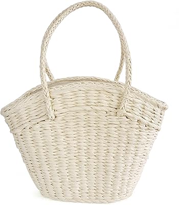 QTKJ Straw bags, Hand-woven Women Summer Retro Straw Tote Bag Pure Colour Straw Beach Shoulder Bag (Beige)
