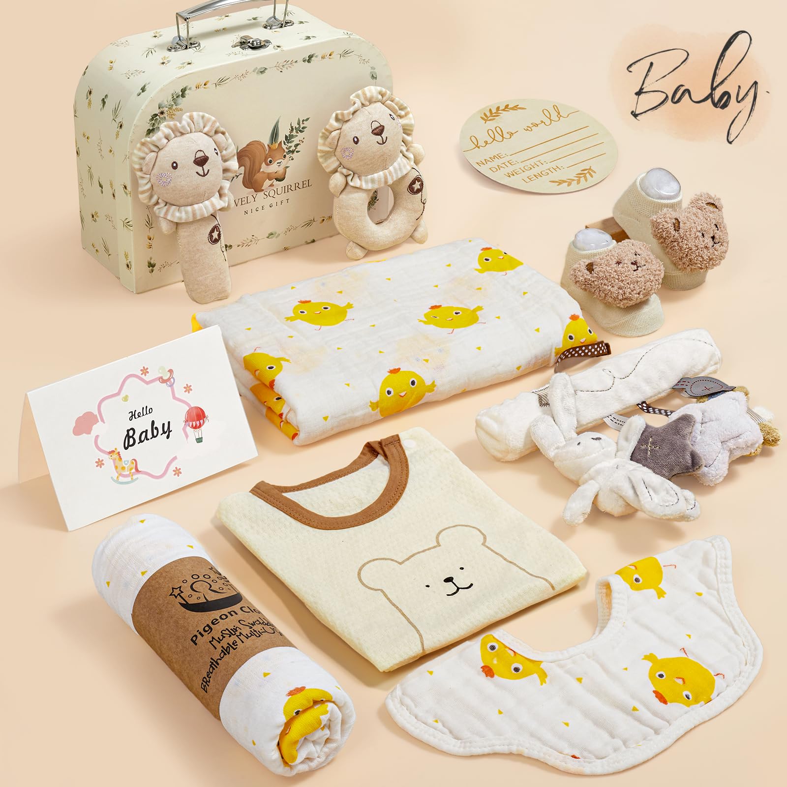 Vamei Regalo Nascita Bimba Bimbo con Pagliaccetto Neonato Asciugamani da Bagno Bavaglino Calzini Antiscivolo Sonaglio Set Regalo Neonato Nascita Regalo Baby Shower Unisex