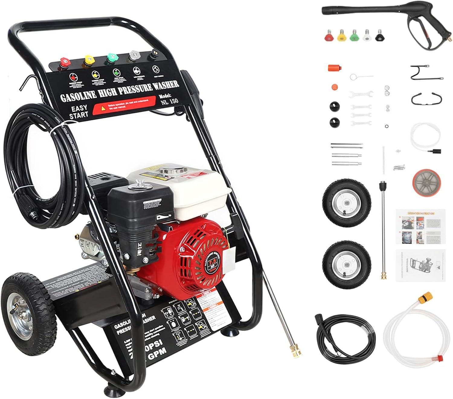 Limpiador a presión de gasolina de 2200 PSI, 2,3 GPM, con 5 boquillas, manguera de 8 m, ruedas y marco de metal estable, para coche, patio, jardín, y versátil limpieza exterior