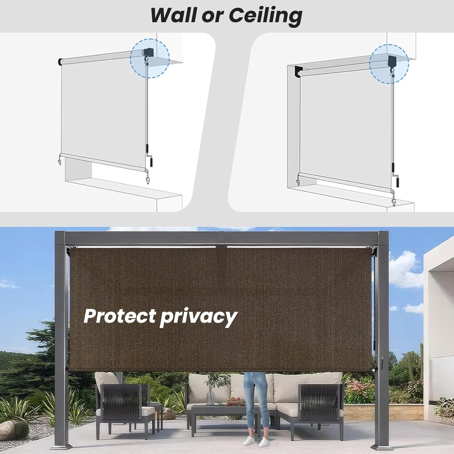8'W x 8'H Gray Patio Shades Roll up Outdoor Roller Shade Crank Wand Blind Cordless, 90% UV Blocking & Privacy Protection for Porch|Gazebo|Pergola|Backyard (2 Splicing Tube, 1 Fabric) - Image 6