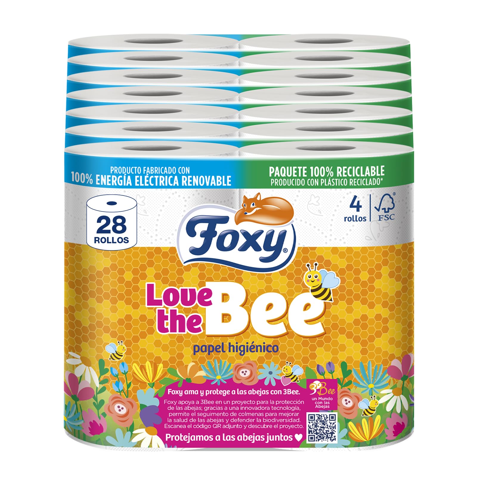 Foxy Love the Bee | 3 capas |Papel higiénico 28 rollos | 167 servicios por cada rollo | Certificación FSC | 100% Energía eléctrica renovable | Paquete reciclable producido con plástico reciclado