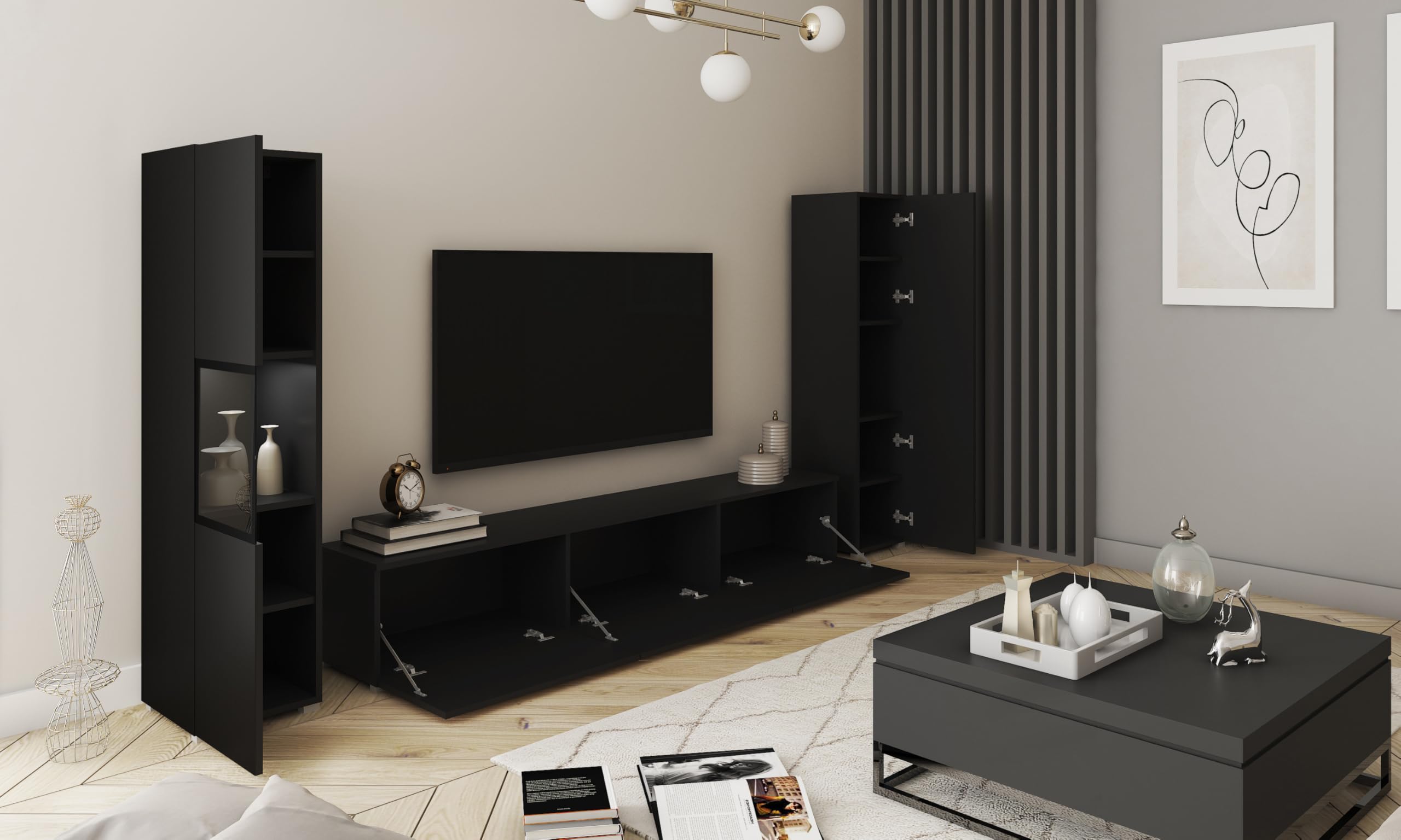 MINIO go for it - Wohnwand BRELA 3, 3-Teilig Set Wohnzimmermöbel mit LED | Hängend oder Stehend, Vitrine, Lowboard, Wandboard, Farbe: Schwarz matt - mit LED Beleuchtung