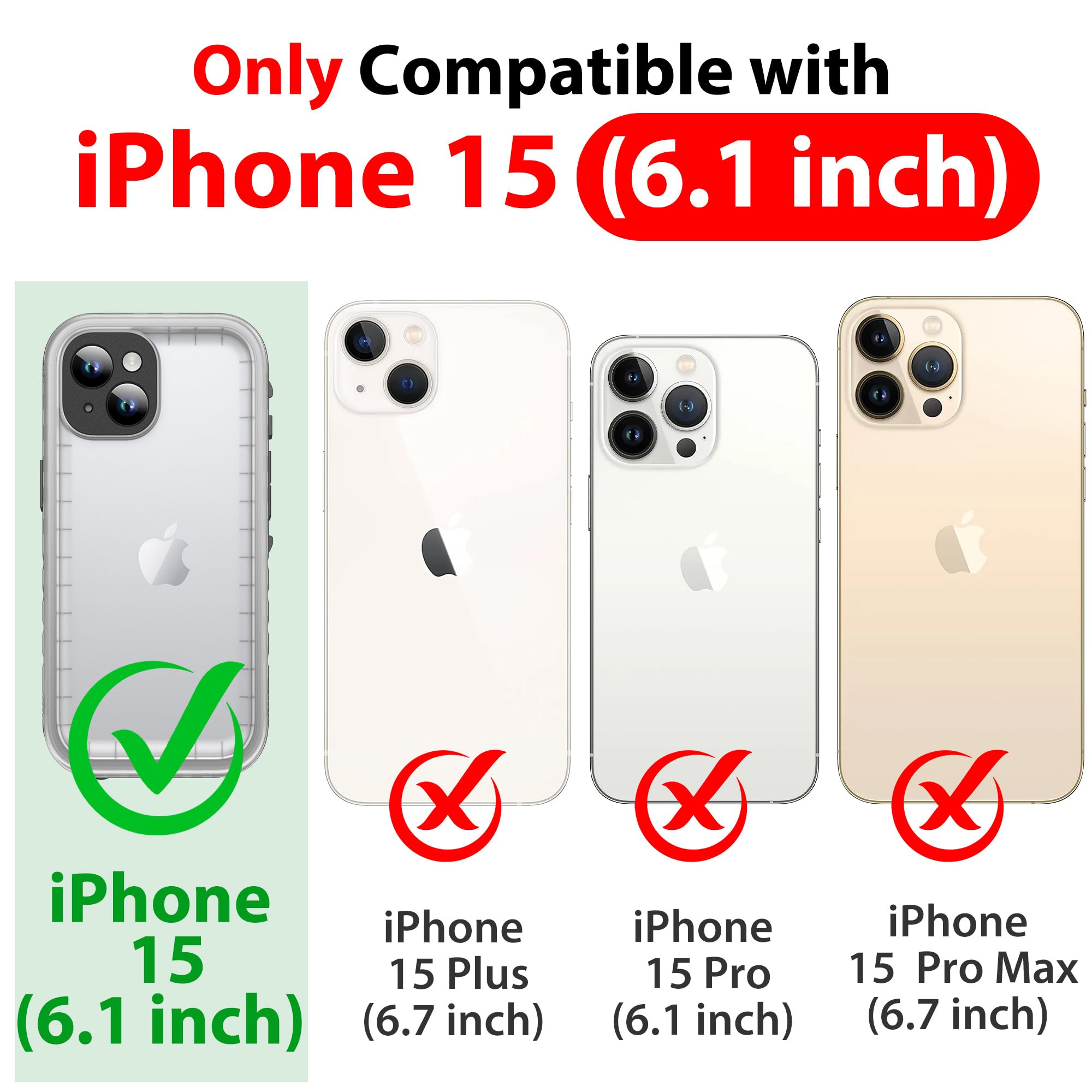 SPORTLINK Funda impermeable para iPhone 15, protector de pantalla y lente de cámara integrado, IP68 bajo el agua, 6.6 pies, militar, a prueba de caídas y polvo, real 360, para iPhone 15 de 6.1