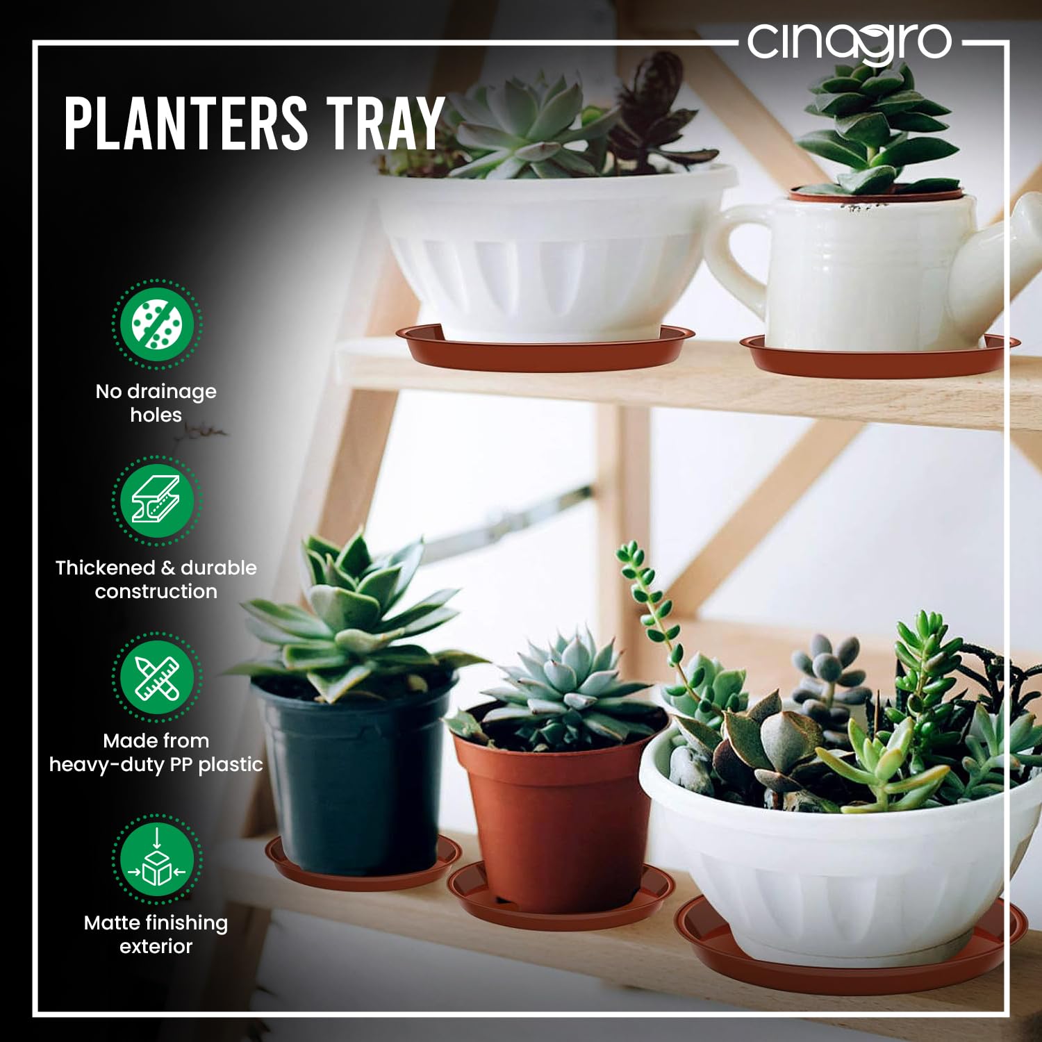 Cinagro Plant Saucer (4 Inch - Pack of 6) Heavy Duty Plastic Plant Water Tray, Planter Drip Trays for Pot, Flower Saucers for Indoors - Image 2 thumbnail