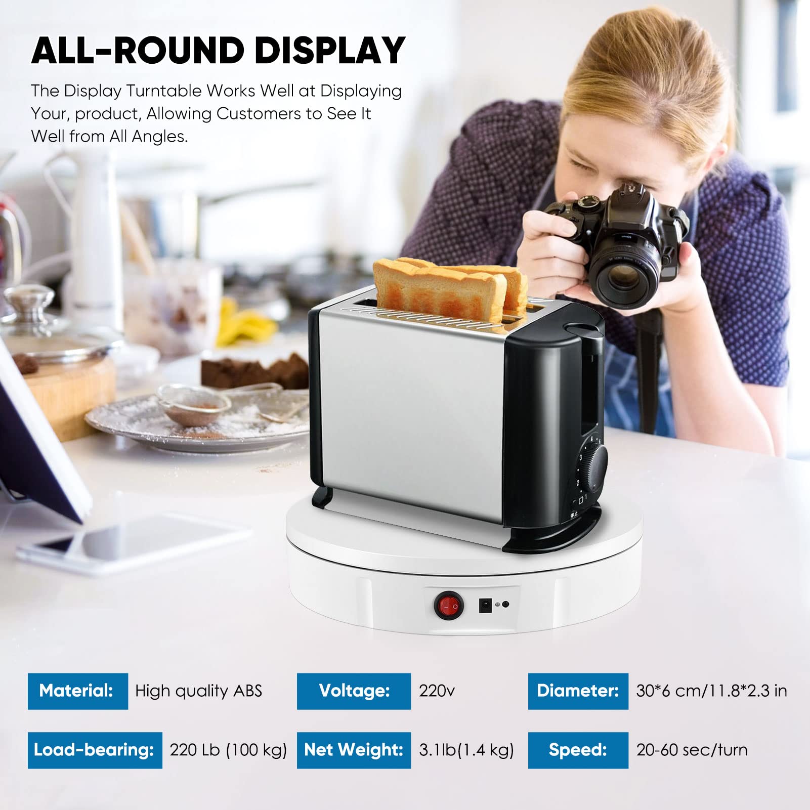 Elektrischer Drehteller, Drehteller Elektrisch 30cm, 100KG Tragkraft, Fernbedienbar, Einstellbare Geschwindigkeit, 5 Hintergrundplatten, Tisch-Drehteller für Produktfotografie und Präsentationen