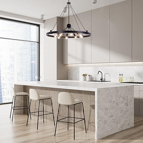 Miniatura 9 de Wellmet Lámpara de araña de granja de 38 pulgadas de diámetro, lámpara grande con rueda de carro, para comedor, acabado de metal rústico con 8 luces