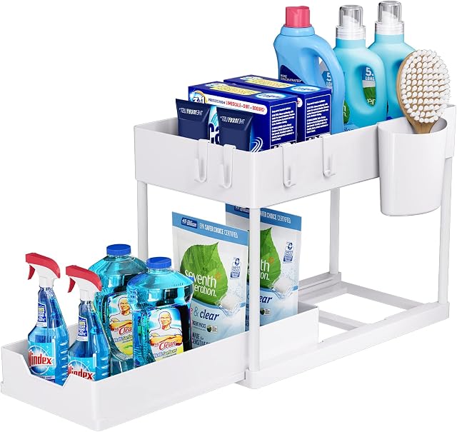Puricon Under Sink Storage Kitchen Organiser, 2 Tier Under Sink Shelf with Slide Out Drawer, Multi-Purpose Under Sink Bathroom Storage Rack for Countertop Laundry -White