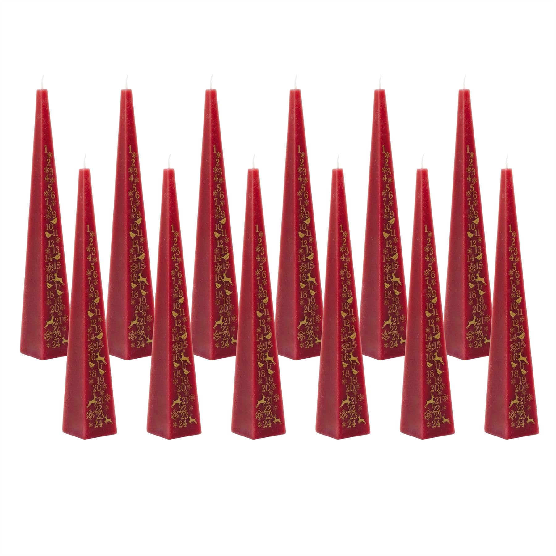 Pack of 12 Red Pyramid Advent Candles | Traditional Christmas Advent Calendar Candles with Numbers - 33cm
