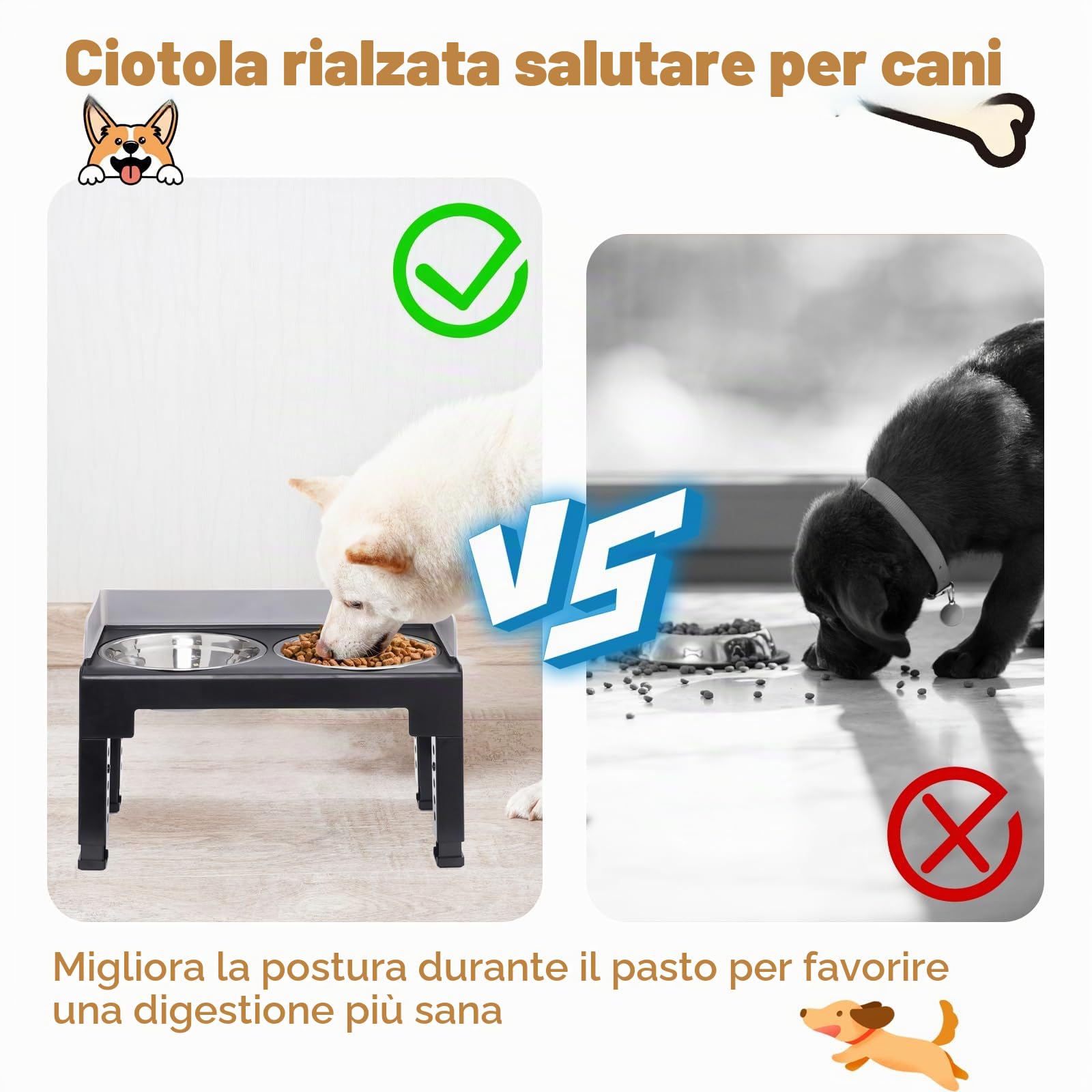 Ciotole Rialzate Regolabili per Cani 6 Altezze,2 Ciotole in Acciaio Inox,Pieghevole,Antiscivolo Adatte a Cani Piccoli,Medi e Grandi