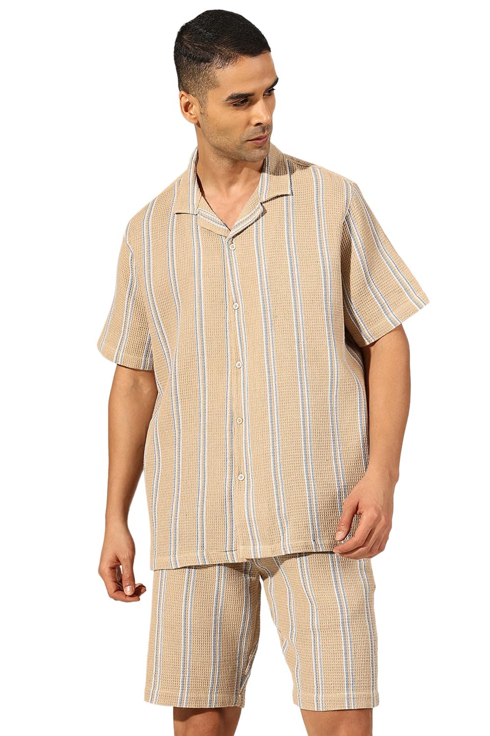 showoffff SHOWOFF Men's Striped Beige Cuban Collar Shirt & Shorts Co-ord Set -RONG-4703_Beige-picture-20