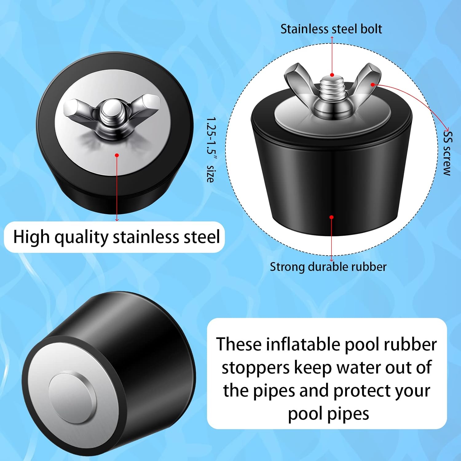 4 Size Pool Plug for Inground Pool Rubber Pool Plugs Pool Return Line Plug for Above Ground Pool Swimming Pool Skimmer Plugs Winter Expansion Plugs, 1 in, 1.25 in, 1.5 in, 2 in (8 Pieces)