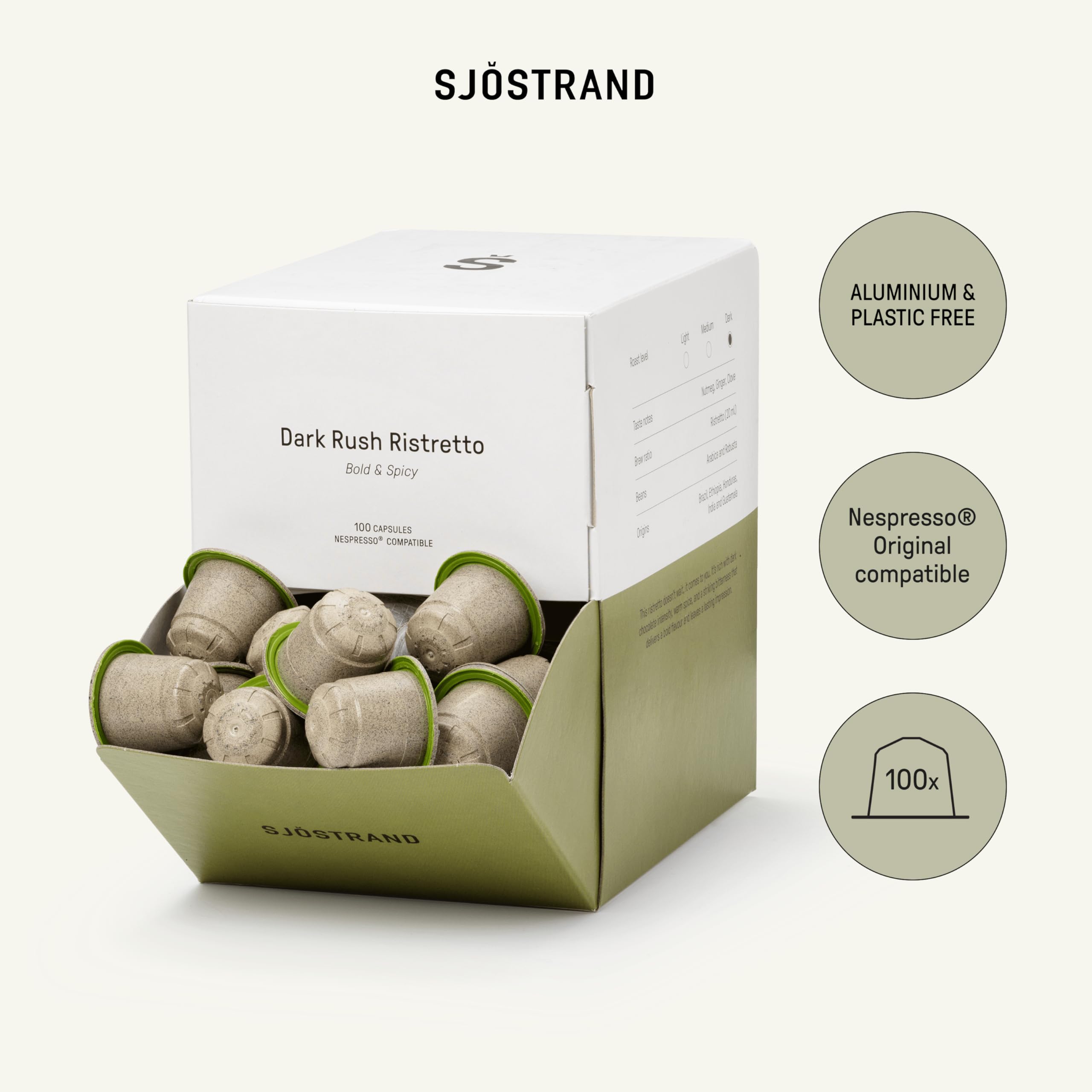 Sjöstrand Coffee Concept Dark Rush Ristretto – Organiczne kapsułki z kawą, kompatybilne z Nespresso, 100 kapsułek, kompostowalne, Fairtrade.