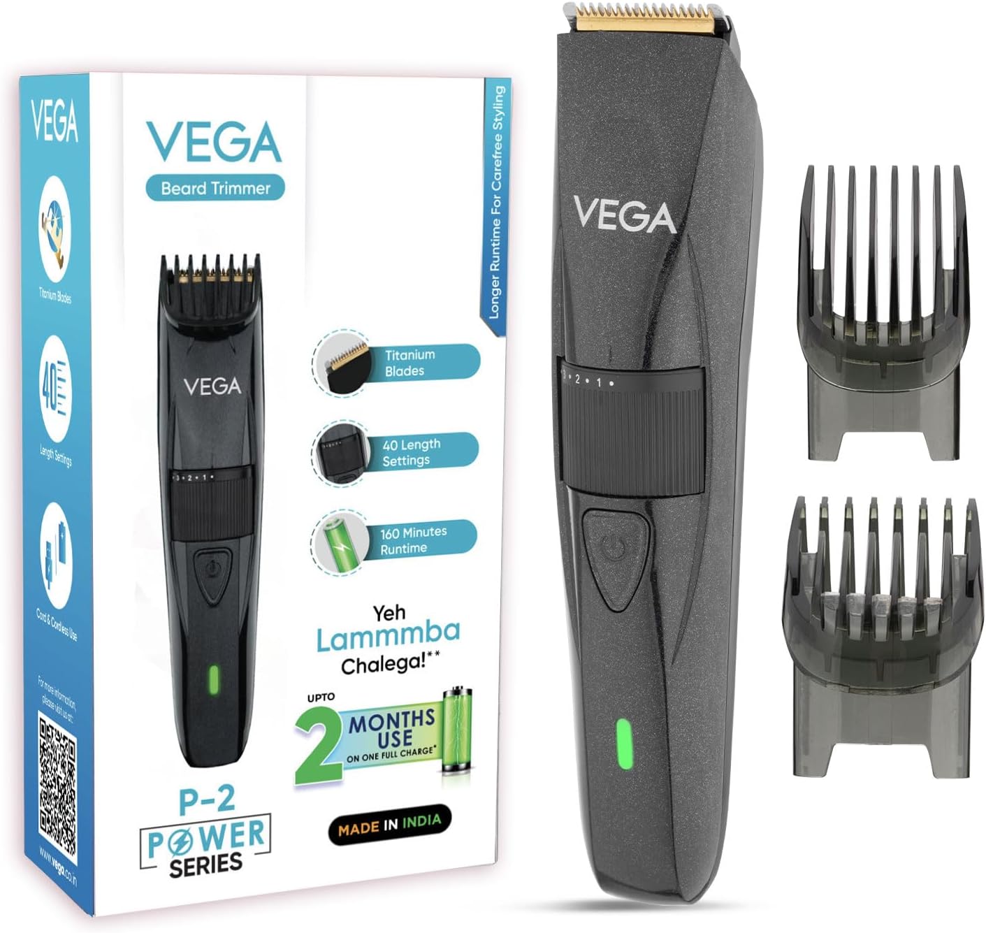 Vega P-2 Beard Trimmer for Men | Titanium Blades | 40 Length Settings | 160 Min Runtime | 2 Comb Attachment | Cord & Cordless Use | Type-C Fast Charging | Battery Powered | (Power Series P2, VHTH-26)