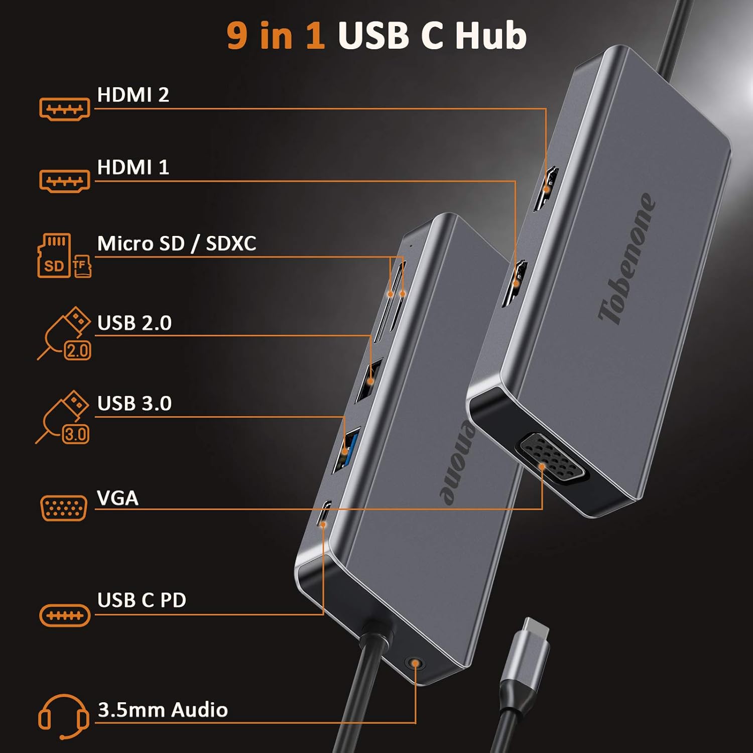 USB C Laptop Docking Station Dual Monitor, 9-in-1 USB C Dock Dual HDMI Adapter for Dell,HP,USB-C Devices(Thunderbolt 3) with 2 HDMI,VGA,PD 3.0,USB 2.0,USB3.0,Micro SD/SDXC,3.5mm Audio : Electronics
