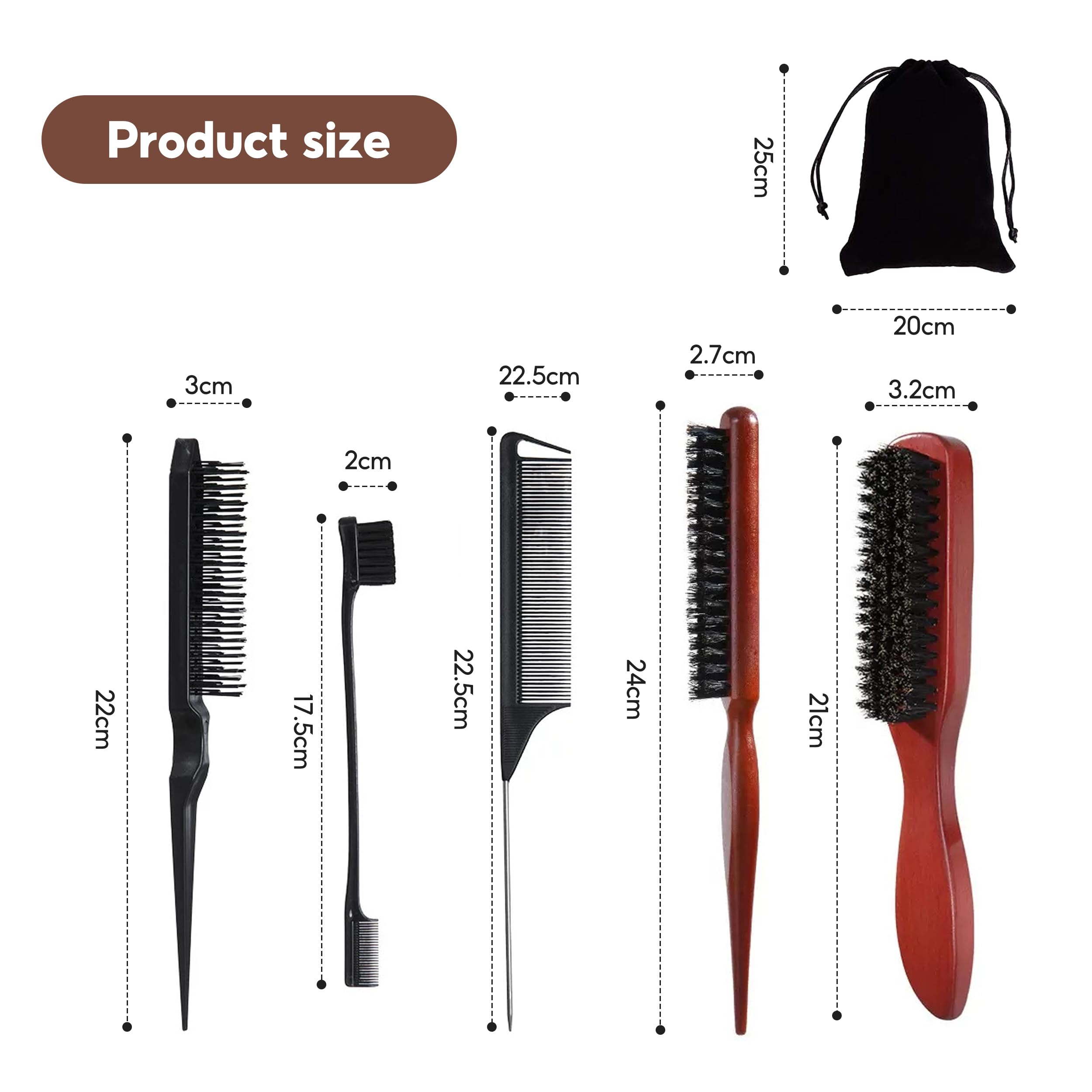 5 PCS Boar Bristle Hair Brush Set for Slick Back Styling - Teasing Brush for Thin or Thick Hair, black - Image 2