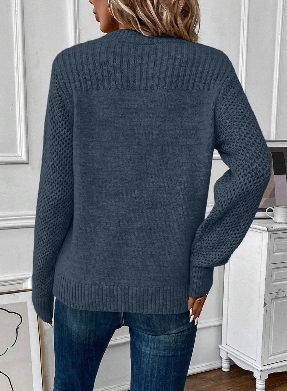 EVALESS Womens Sweaters Casual Long Sleeve Crewneck Cable Knit Lightweight Oversized Crochet Sweater Pullover Tops - Image 2