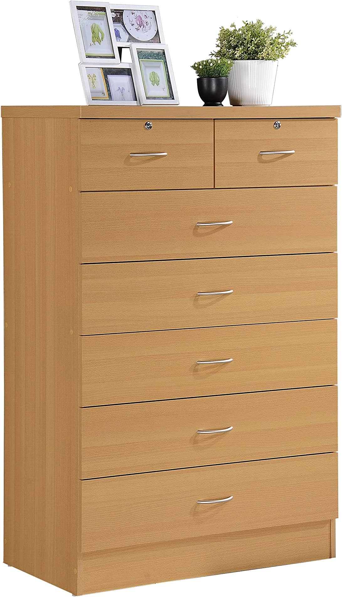 7 Drawer Wood Dresser for Bedroom, 31.5 inch Wide Chest of Drawers, with 2 Locks on the Top Drawers, Storage Organization Unit for Clothing, Beech