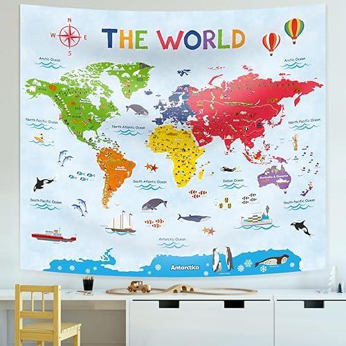 DECOWALL TP-009 - Tapiz de mapa del mundo de 60 x 50 pulgadas (59.1 x 51.2 in) para niños, aprendizaje educativo, para colgar en la pared para