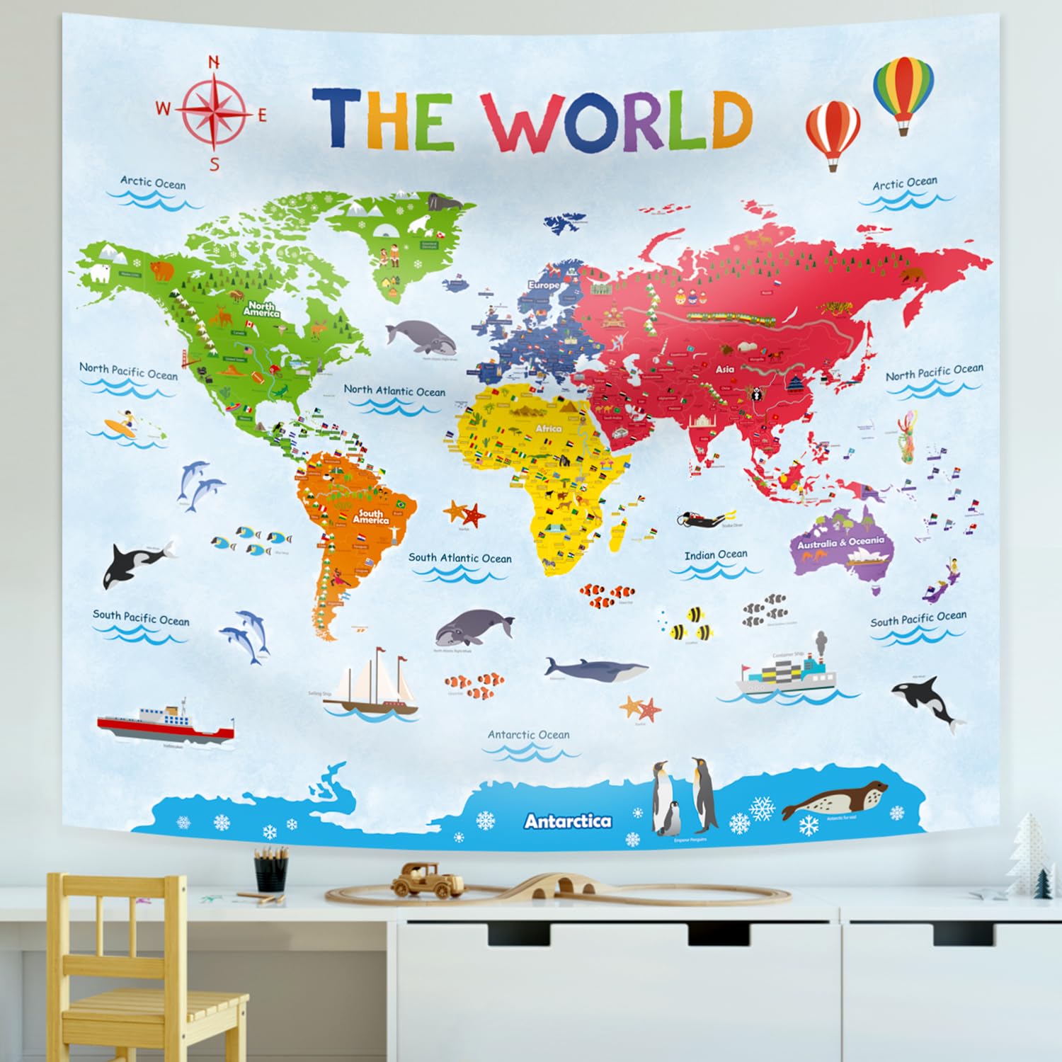DECOWALL TP-009 World Map Tapestry 60''x50''(150x130cm) Poster for Kids Educational learning Wall Hanging for Bedroom Living Room Nursery Dorm Home Decor art classroom office