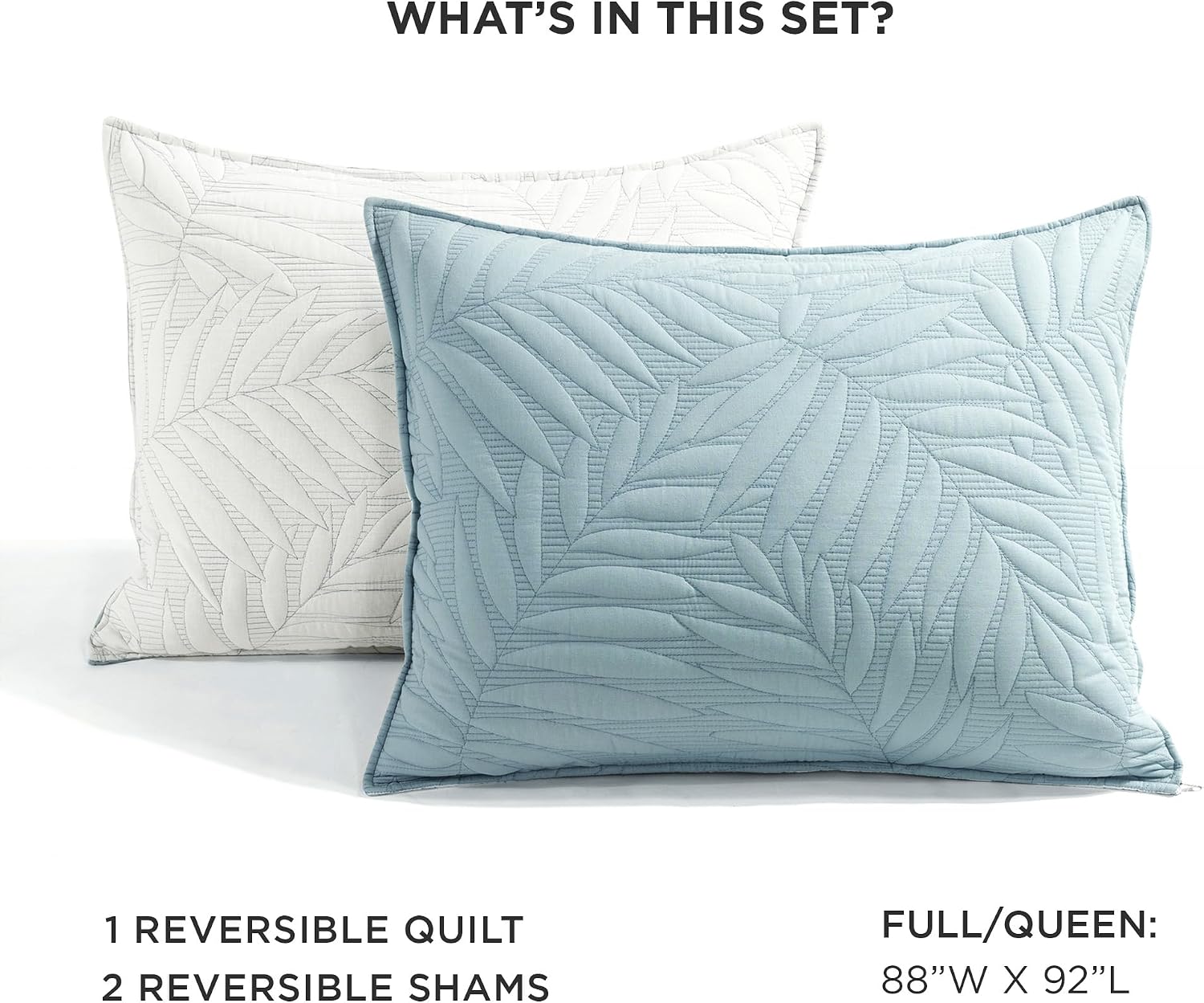 Lush Decor - Quilt Set, 3-Piece Reversible Cotton Bedding with Matching Shams, Embroidered Leaf Design (Isla Blue/White, Full/Queen)
