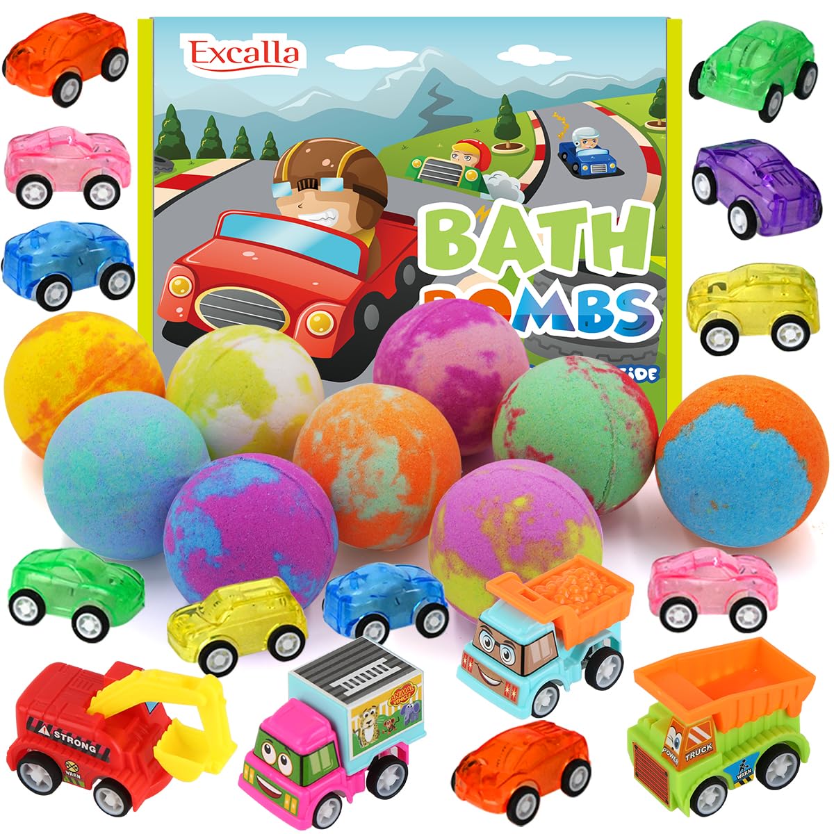 Bath Bombs for Kids with Toys Inside, 9 Pack Handmde Bath Bombs Set with Pull-Back Cars Inside, Rich Foam Color Bubble Set Boys Girls for Skin Moisturizing