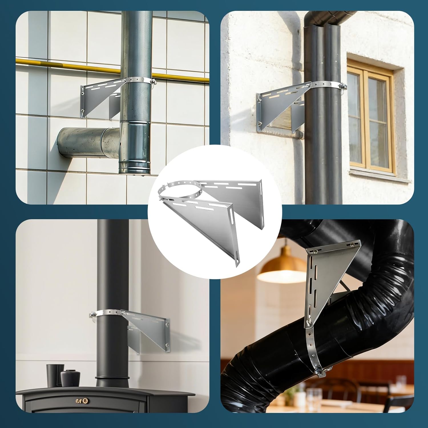 8 Inch Adjustable Chimney Pipe Support Bracket, Stove Pipe Holder for 6" (8" O.D.) Double Wall Chimney Pipe, Wall Mount Support for Fireplace Vent Pipes