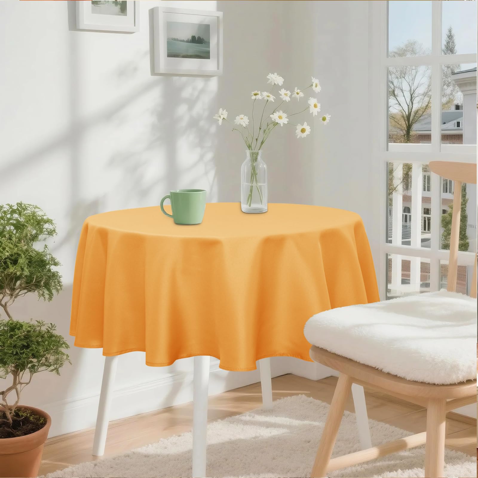 XWZO Round Tablecloth 48 Inch Polyester Table Cloth, Small Round Table Cover Waterproof Wipe Clean Spillproof for Kitchen Dining Wedding Outdoor Picnic Buffet Party, Orange Yellow