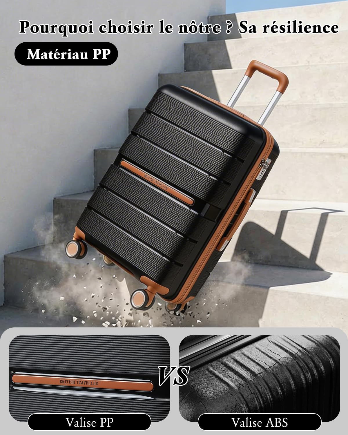 British Traveller Valise Grande Taille Valise de Voyage 101 Liters, Rigide Trolley en Polypropylène à 4 roulettes et Serrure TSA, 76x49.2x31 cm (Noir)