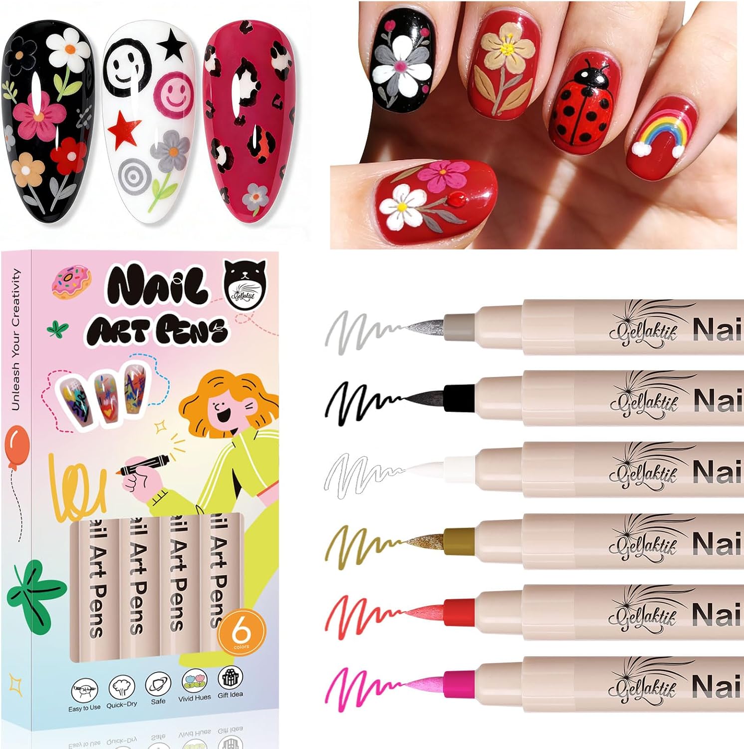 6 Color 3D Nail Art Pens Set, 0.7MM Nail Polish Pens Qui-Drying Acrylic