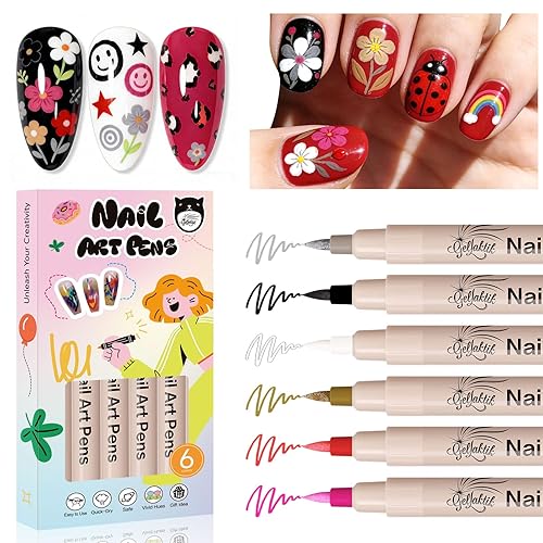 6 Color 3D Nail Art Pens Set, 0.7MM Nail Polish Pens Quick-Drying Acrylic Paint Markers, DIY Nail Design for Dotting Drawing Painting Liner, Home & Salon Manicure Tools Christmas Beginners Gifts
