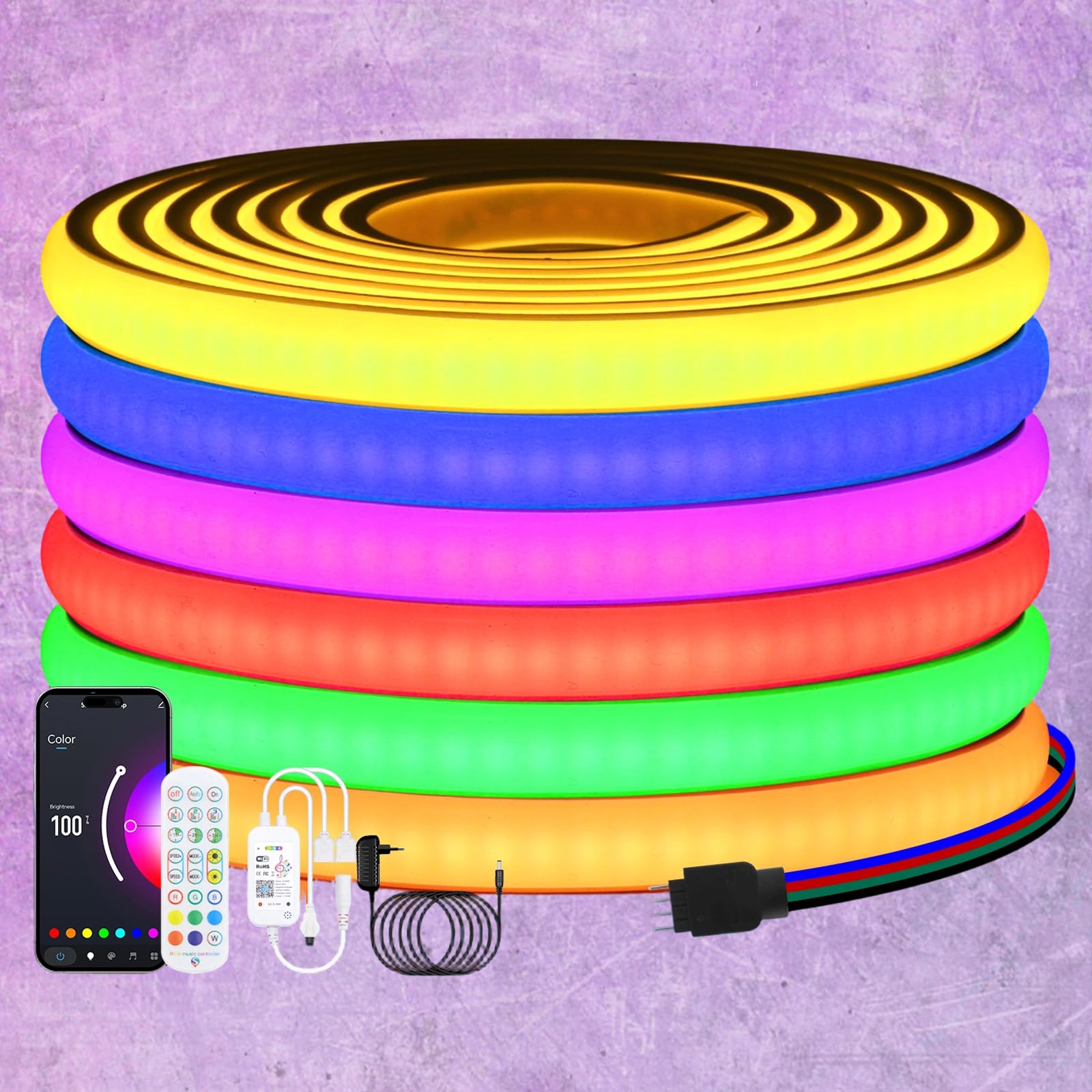 KISUFU Tira LED COB RGB 12V, 576 LEDs/m IP65 impermeable Flexible multicolor Neon de luces led con Controlador IR RGB 24 teclas para música WIFI para Gabinete, Dormitorio, Armario.