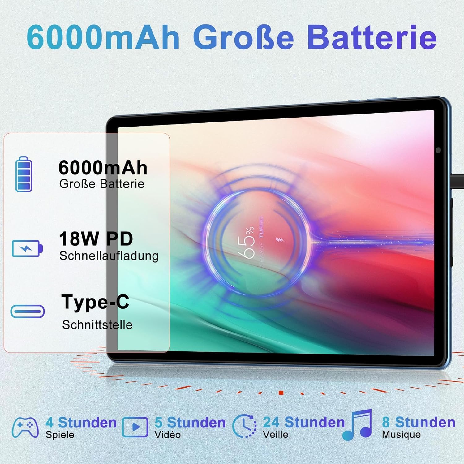 Biegedy Tablet Android 14 Octa-Core 10 Pollici, 20GB RAM+128GB ROM (1TB TF), 5G/2.4G WiFi 6, Widevine L1/6000mAh/GMS/Bluetooth 5.0/5+8MP, Tablet con Custodia Protettiva - Blu