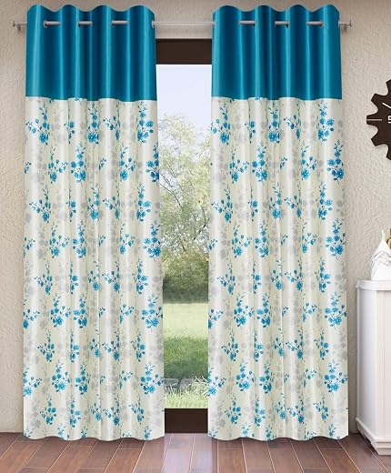 Home Sizzler 2 Pieces Solid Patch Bloom Burst Eyelet Polyester Door Curtains - 7 Feet, Aqua